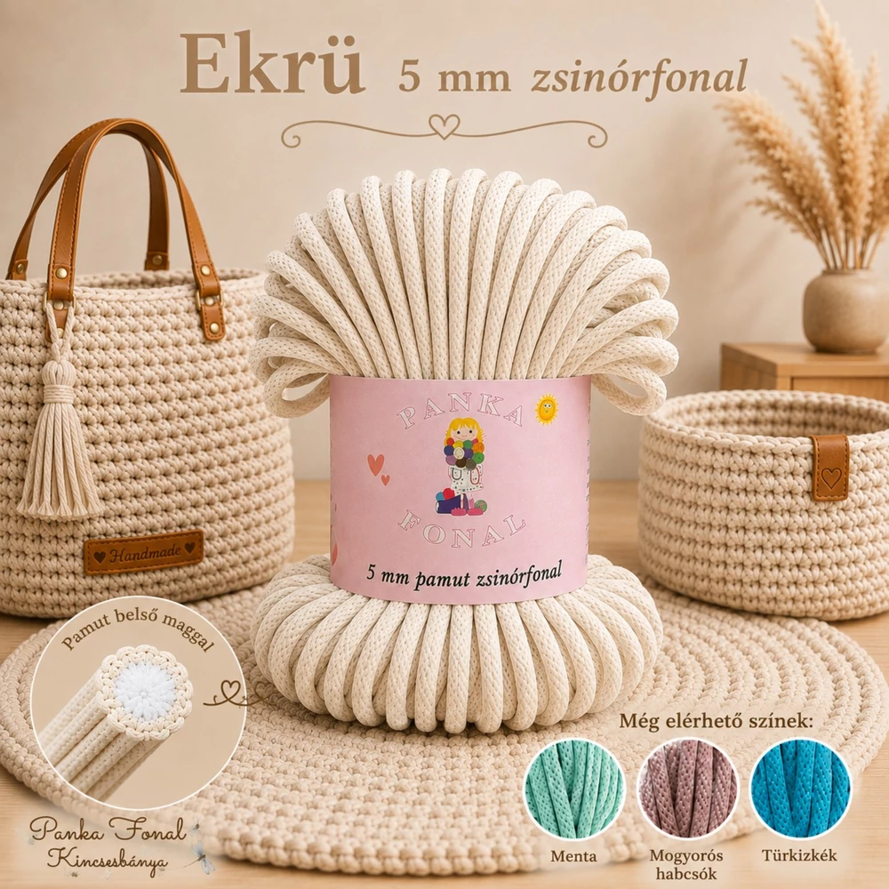 5 mm zsinórfonal Ekrü színben - Panka -