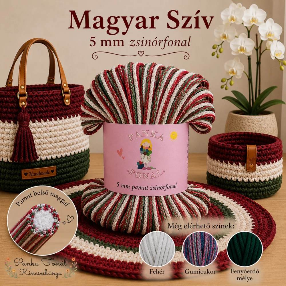 5 mm zsinórfonal Magyar szív színben - Panka -