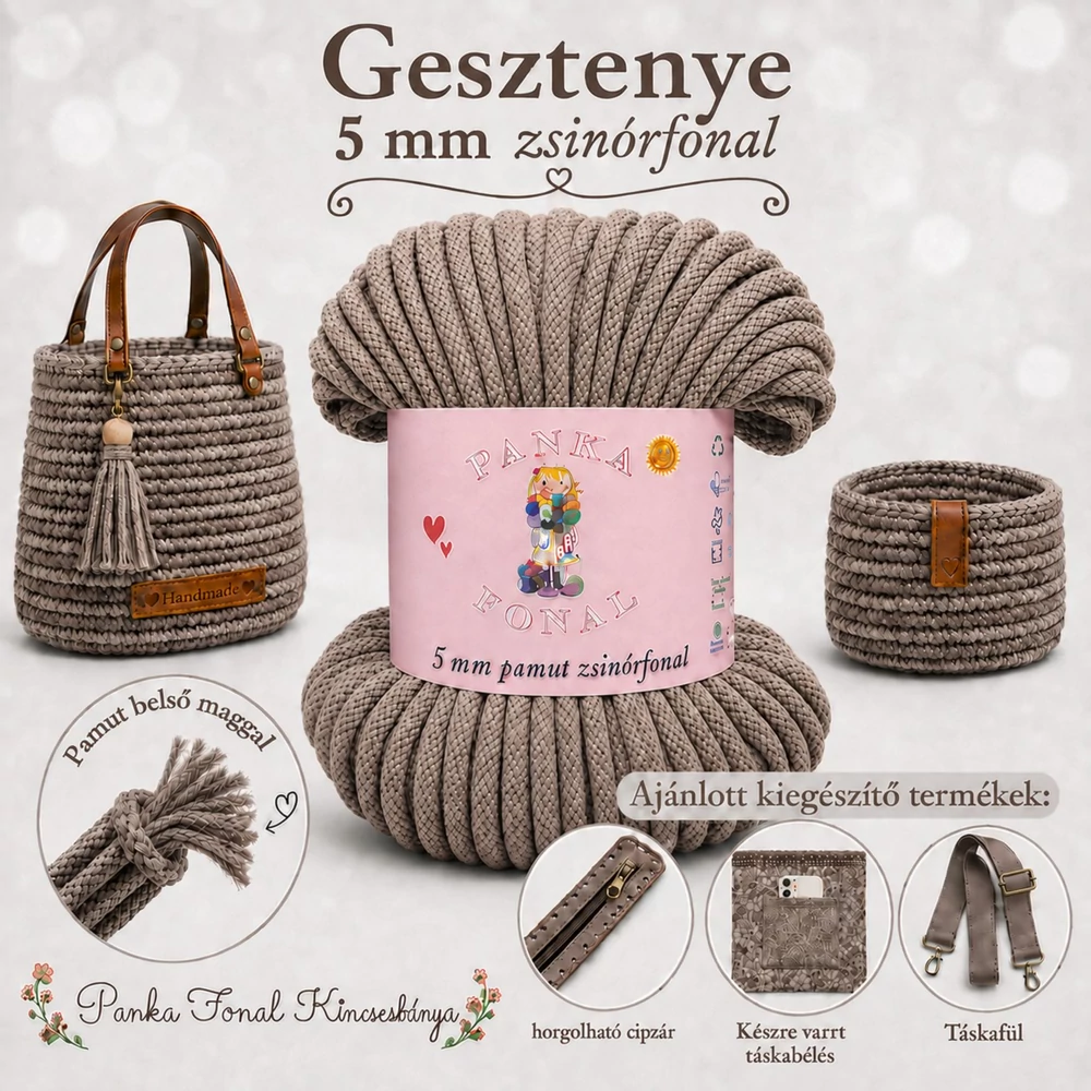 5 mm zsinórfonal Gesztenye színben - Panka -