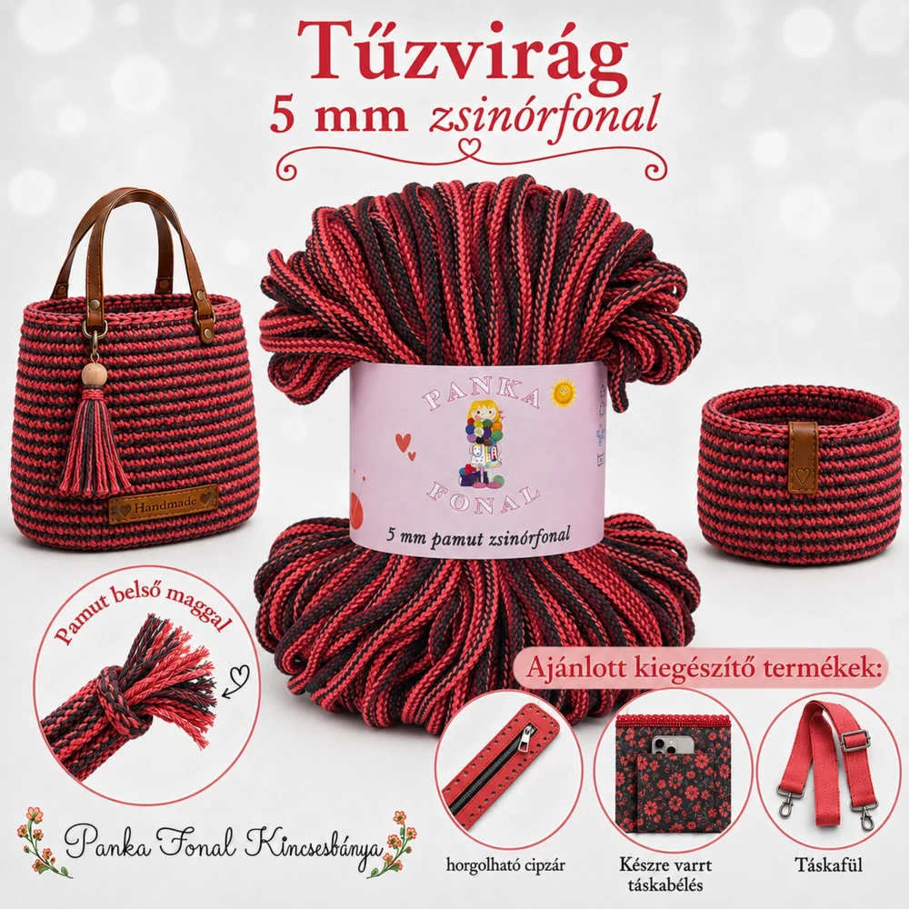 5 mm zsinórfonal Tűzvirág színben - Panka -