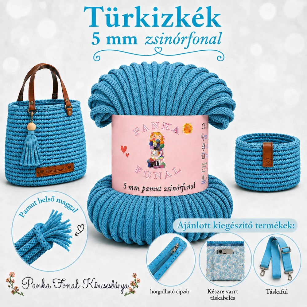 5 mm zsinórfonal Türkizkék színben - Panka -