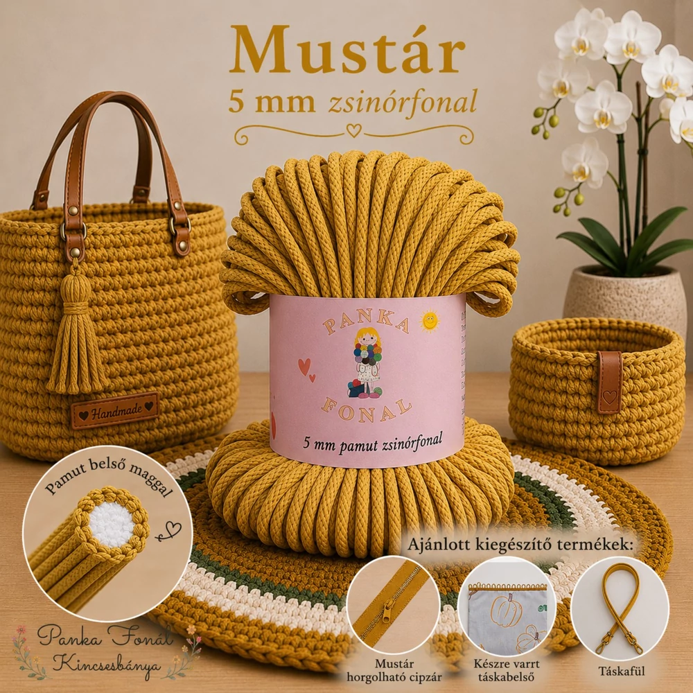 5 mm zsinórfonal Mustár - Panka -