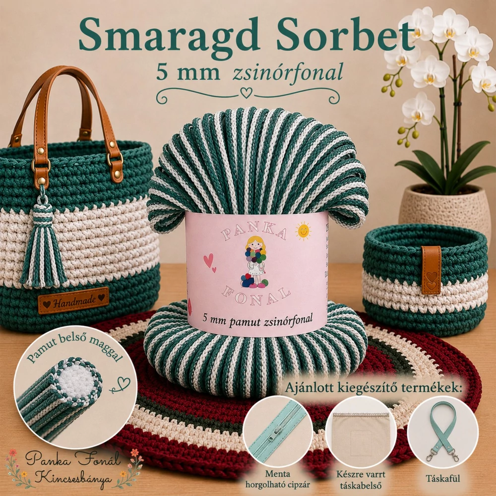 5 mm zsinórfonal Smaragd Sorbet színben - Panka -