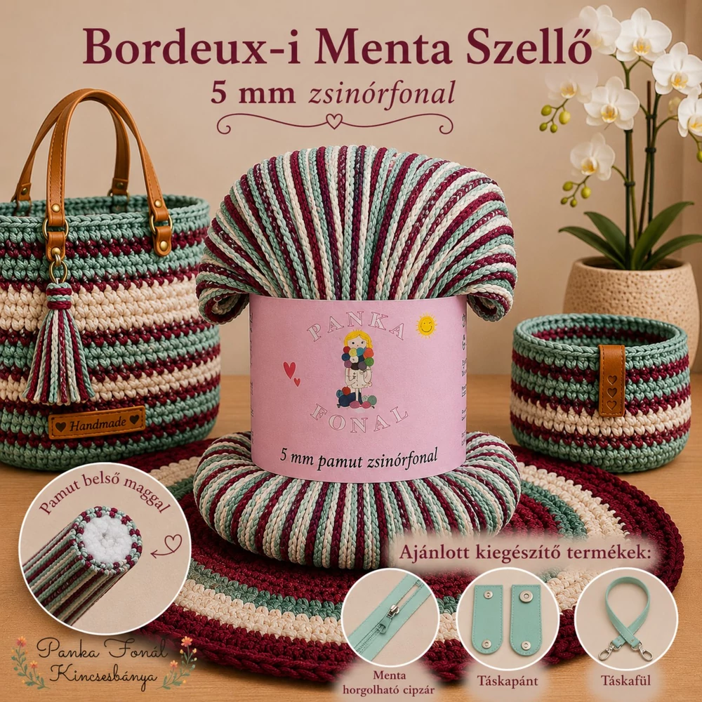 5 mm zsinórfonal Bordeaux-i Menta-szellő színben - Panka -