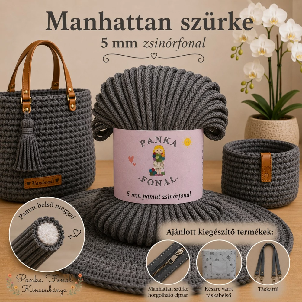5 mm zsinórfonal Manhattan szürke színben - Panka -
