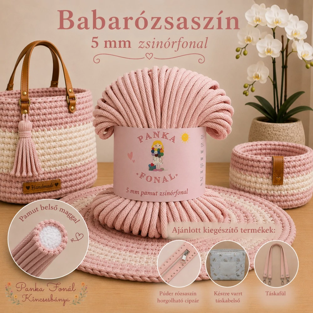 5 mm zsinórfonal Babarózsaszín színben - Panka -