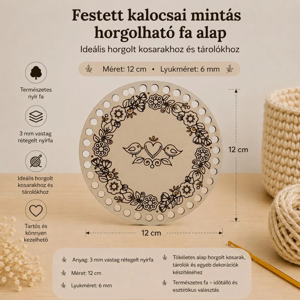 Festett kalocsai mintás-3 horgolható fa alap