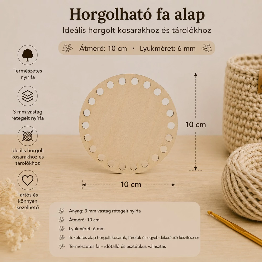 10 cm horgolható fa alap