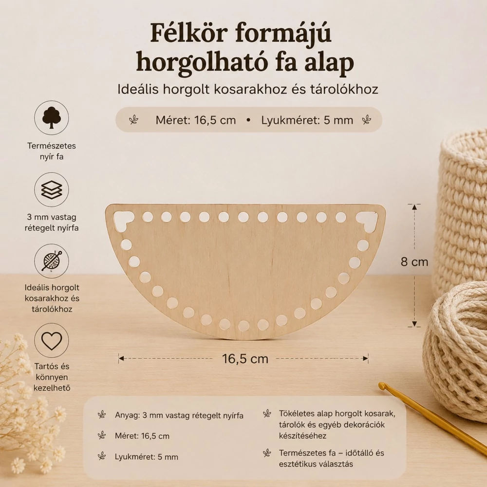 Félkör formájú horgolható fa alap