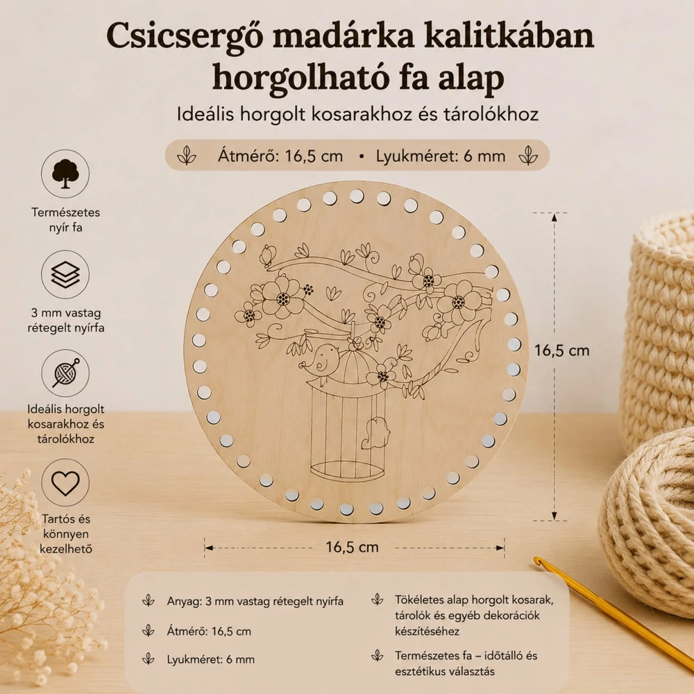 Csicsergő madárka kalitkában horgolható fa alap
