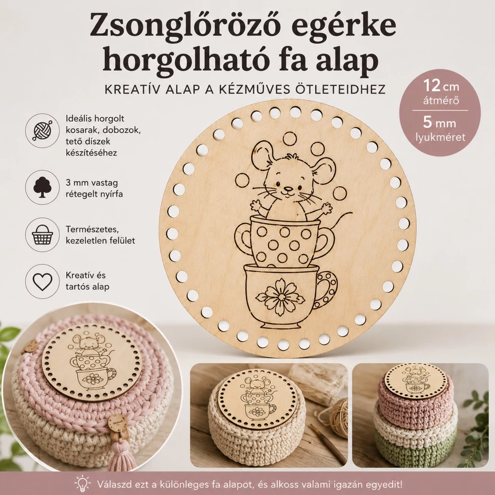 Zsonglőröző egérke horgolható fa alap