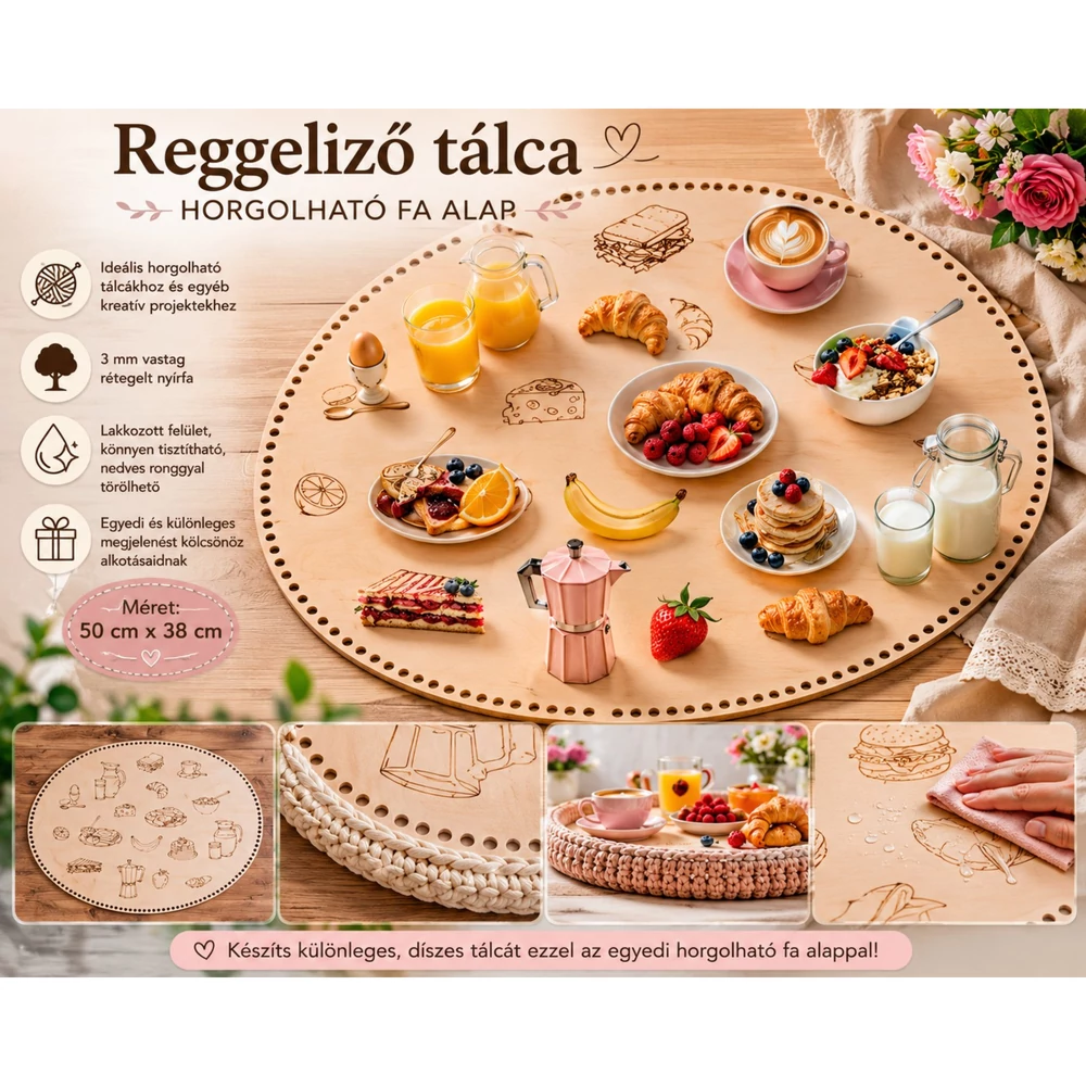 Reggeliző tálca horgolható fa alap