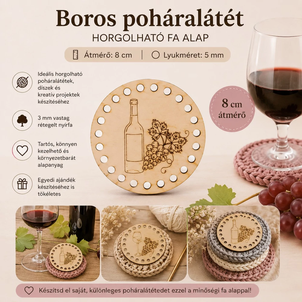 Boros poháralátét horgolható fa alap