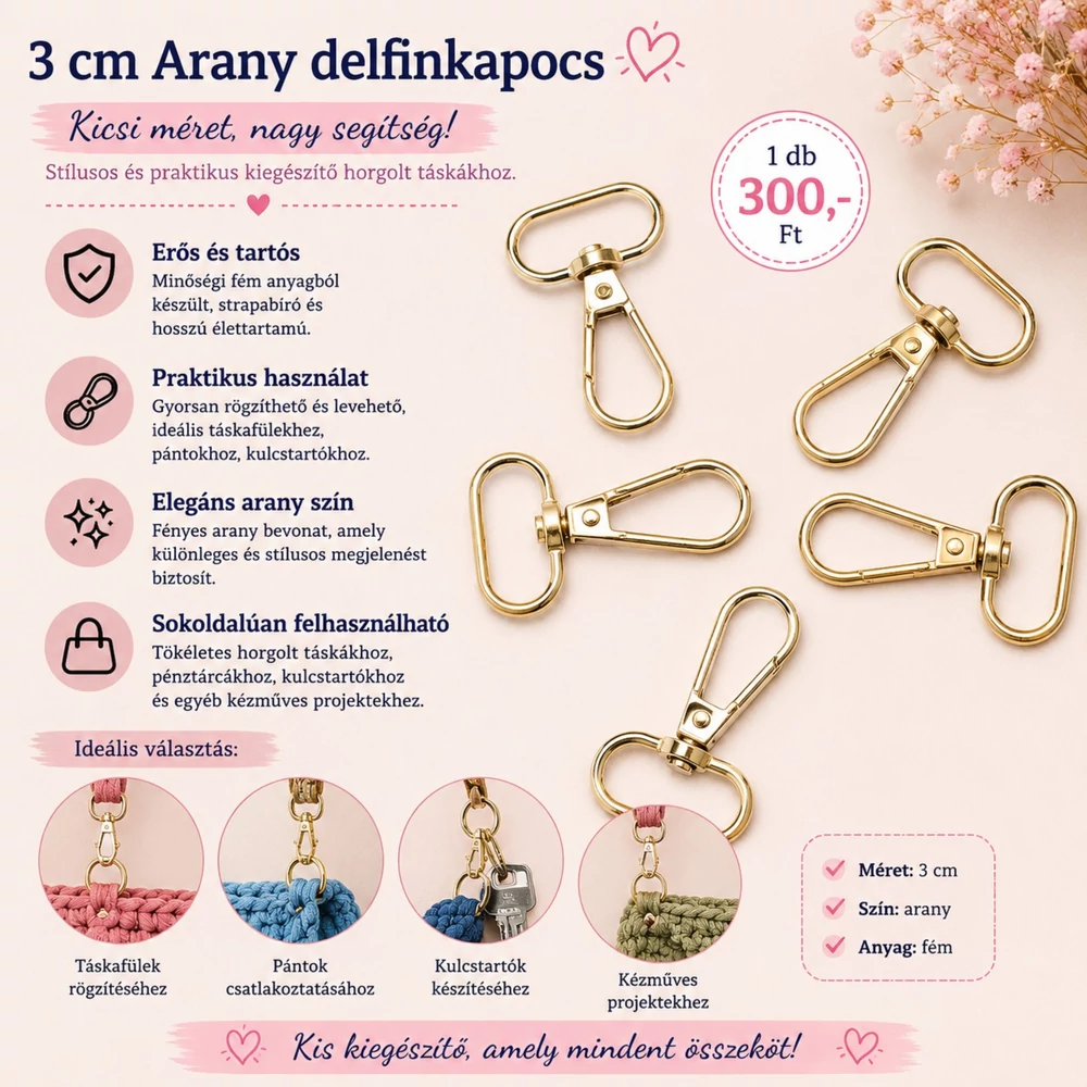 3 cm arany delfinkapocs - karabiner -
