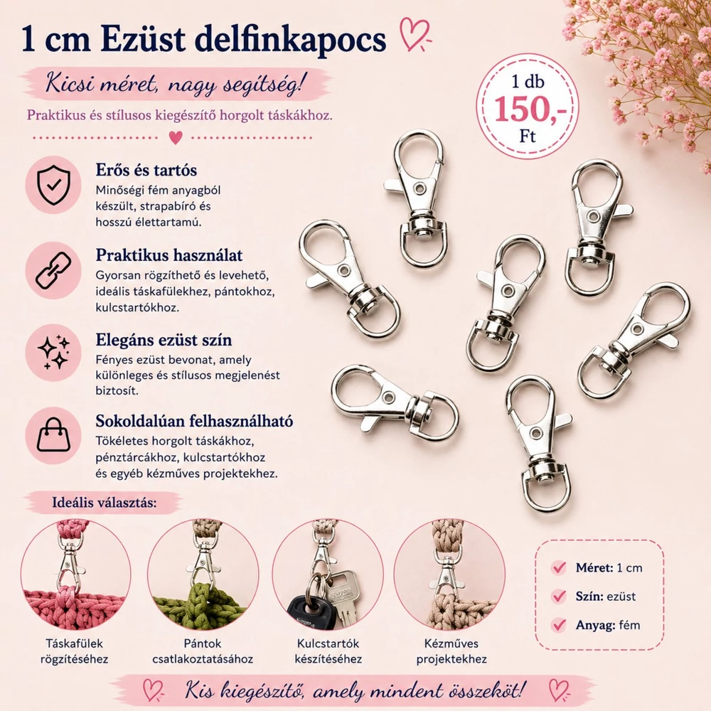 1 cm ezüst delfinkapocs, a hossza 3 cm - karabiner