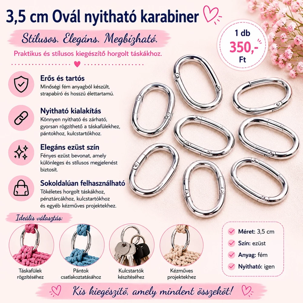 3,5 cm ovális karabiner - ezüst -