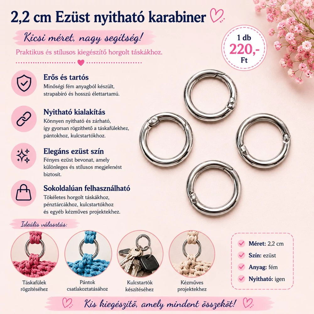 2,2 cm ezüst színű nyitható karabiner