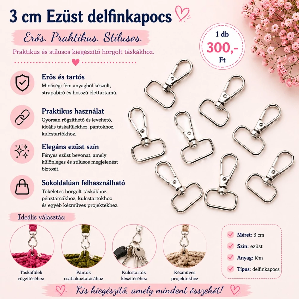 3 cm ezüst delfinkapocs - karabiner