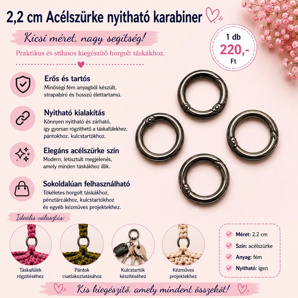 2,2 cm acélszürke nyitható karabiner