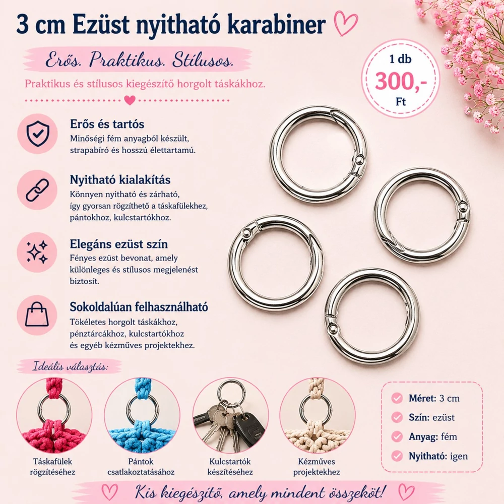 3 cm ezüst színű nyitható karabiner