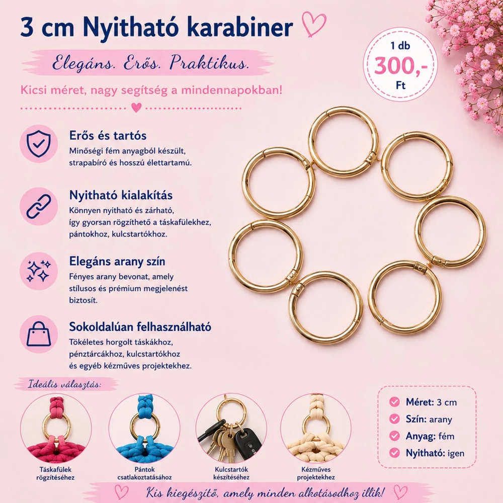3 cm nyitható karabiner arany színben
