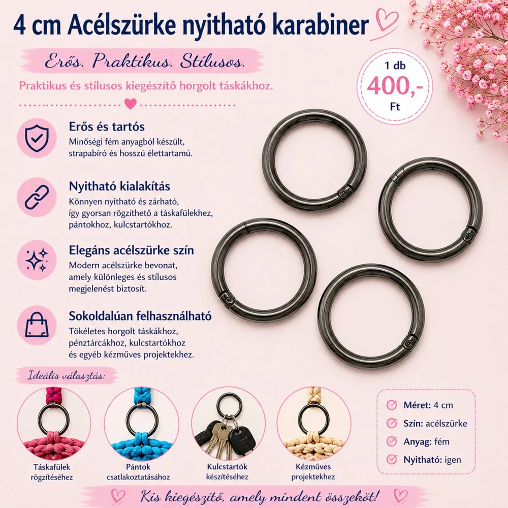 4 cm acélszürke színű karabiner, nyitható