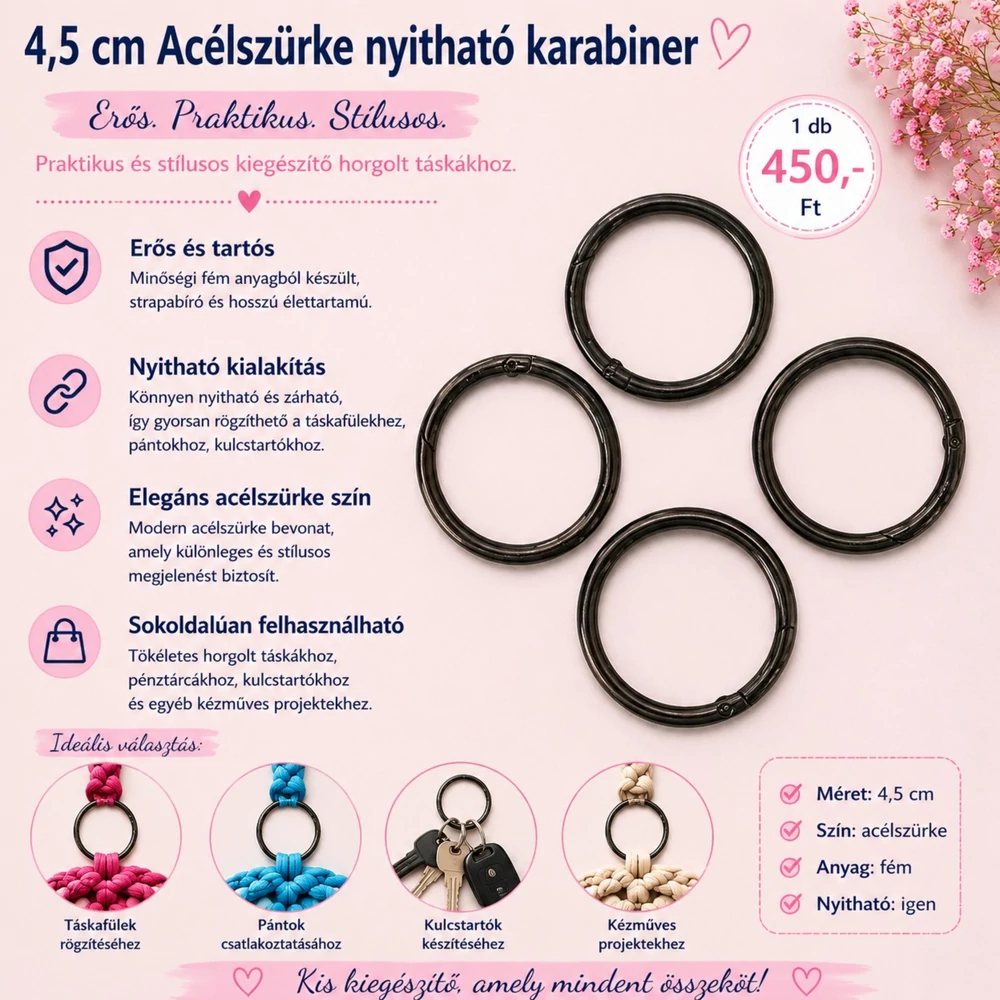 4,5 cm acélszürke színű karabiner, nyitható
