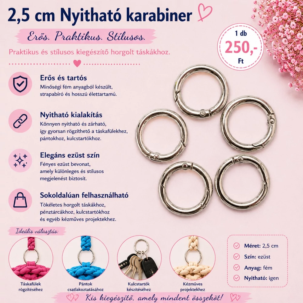 2,5 cm ezüst színű nyitható karabiner