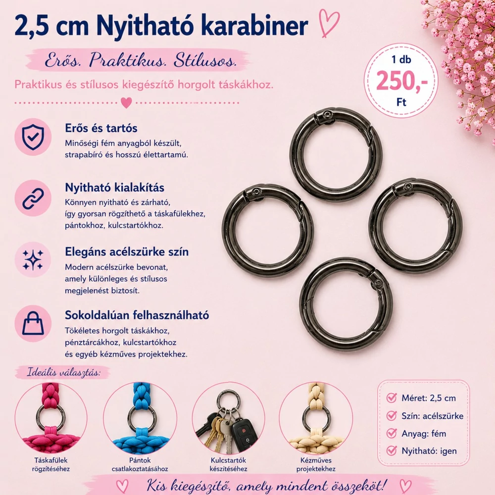 2,5 cm acélszürke színű nyitható karabiner