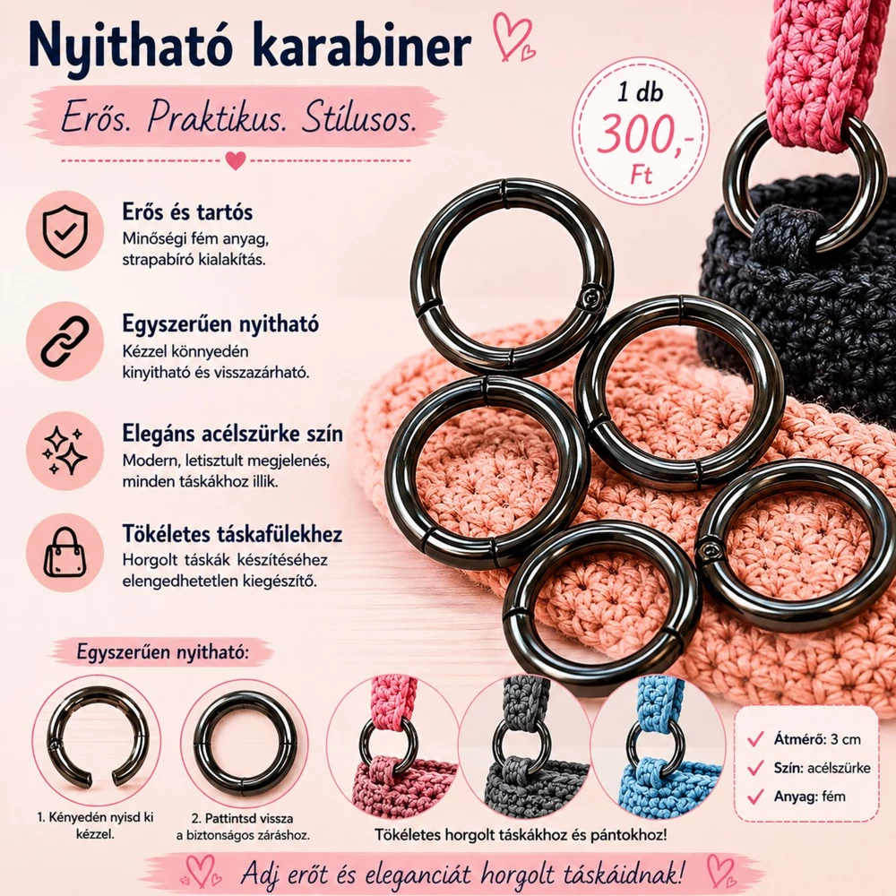3 cm acélszürke színű nyitható karabiner