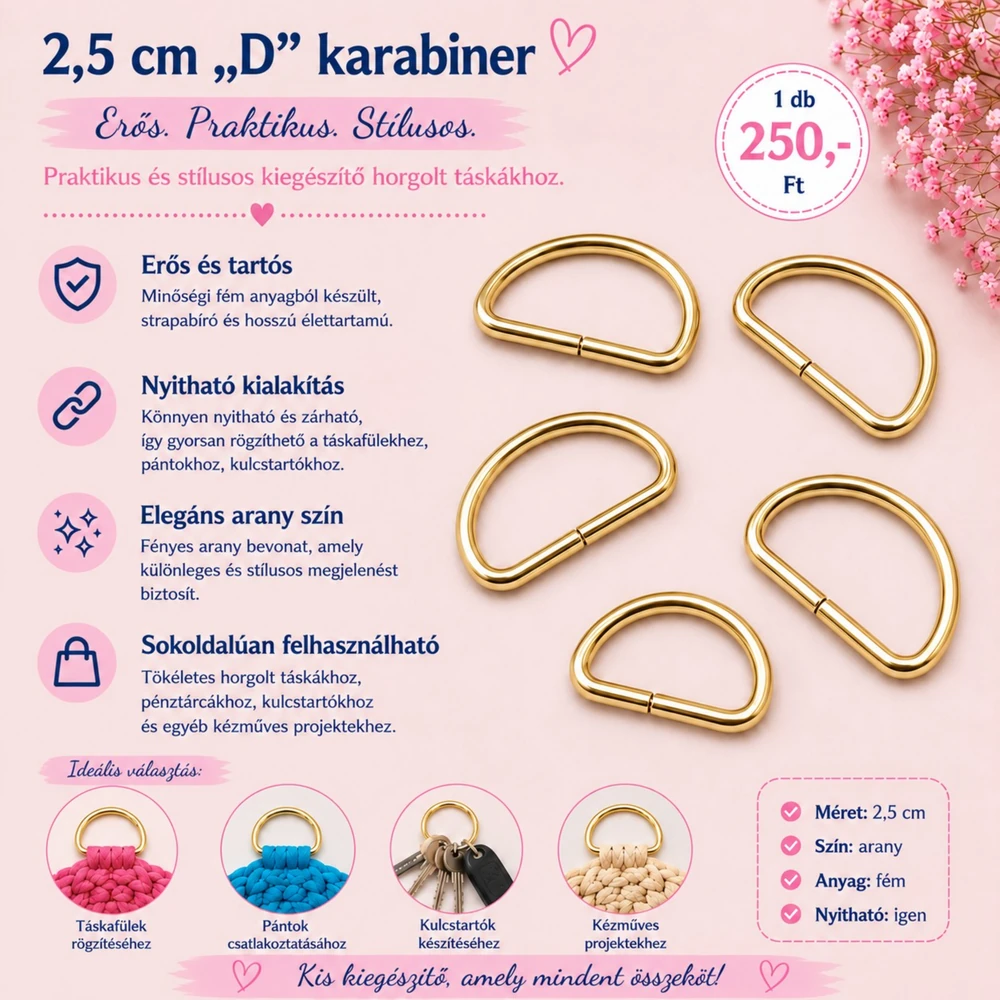 2,5 cm "D" karabiner - arany színben