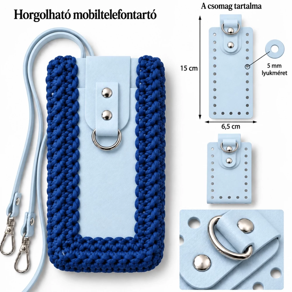 Horgolható mobiltelefontartó szett – Jégkék