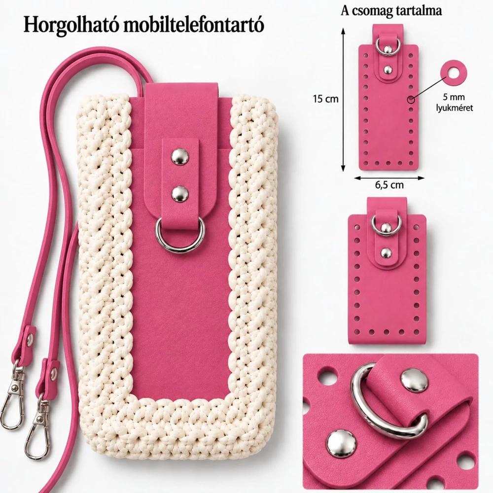 Horgolható mobiltelefontartó szett – Rózsaszín