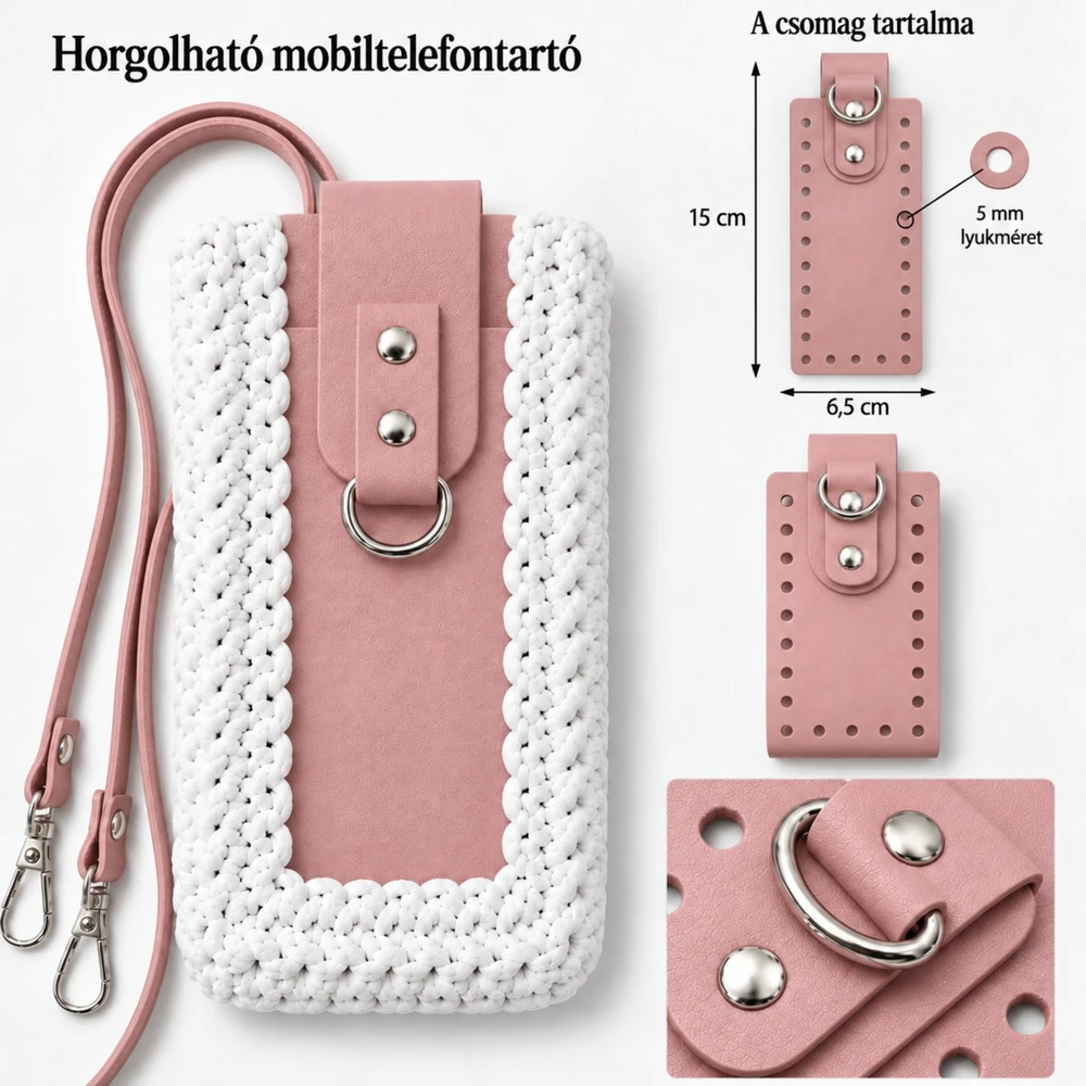 Horgolható mobiltelefontartó szett – Púder rózsaszín
