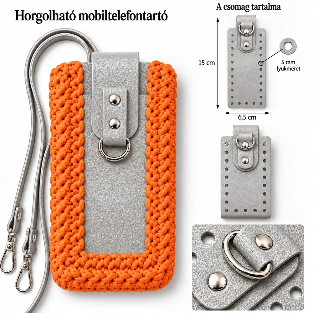 Horgolható mobiltelefontartó szett – Ezüst