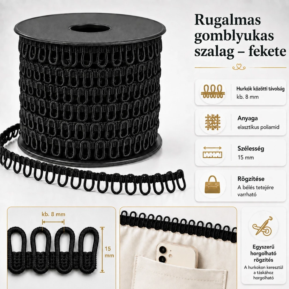 Rugalmas gomblyukas szalag - fekete -