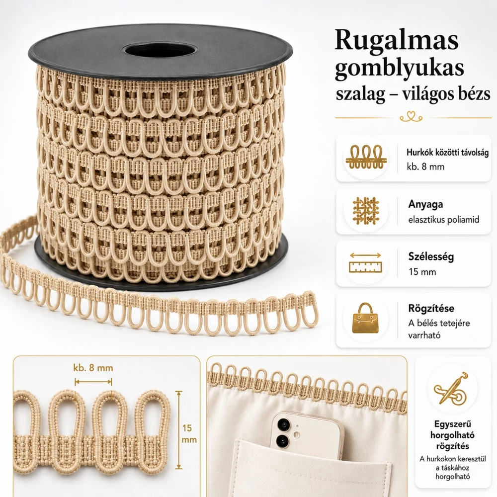 Rugalmas gomblyukas szalag - világos bézs -
