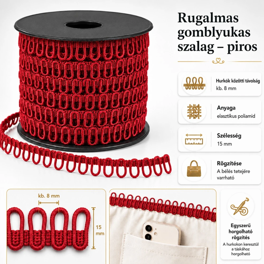 Rugalmas gomblyukas szalag - piros -