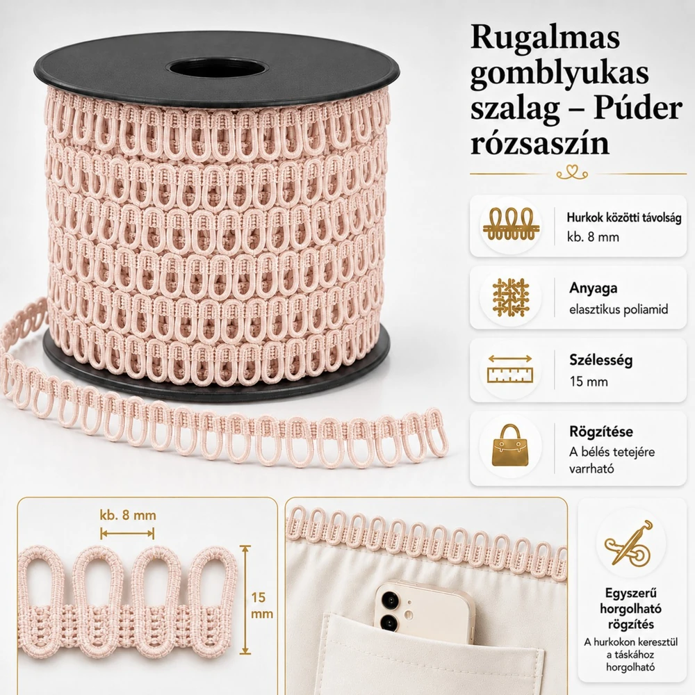 Rugalmas gomblyukas szalag -púder rózsaszín -