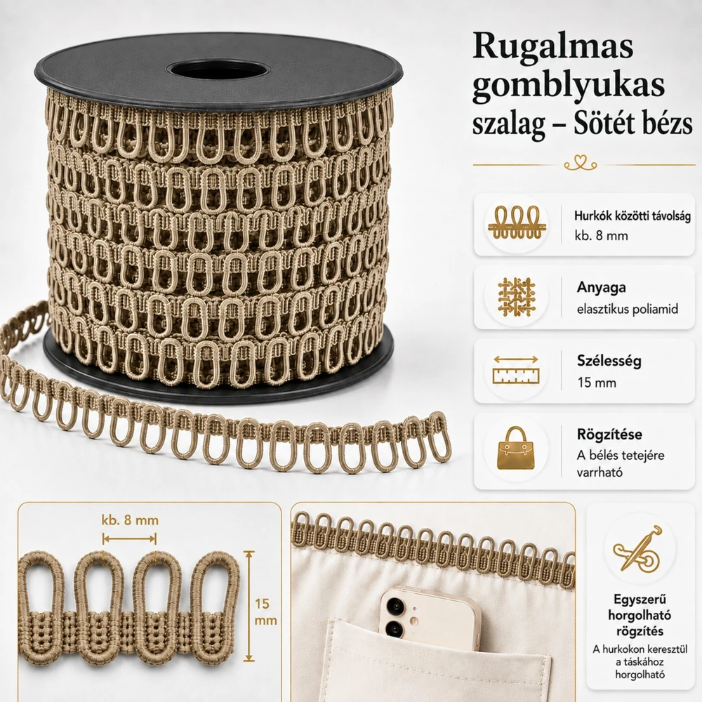 Rugalmas gomblyukas szalag - sötét bézs -