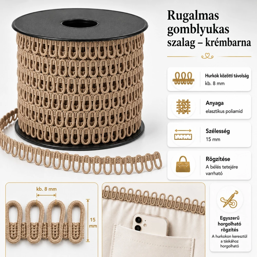 Rugalmas gomblyukas szalag - barna -