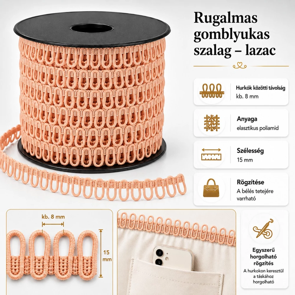 Rugalmas gomblyukas szalag - lazac -