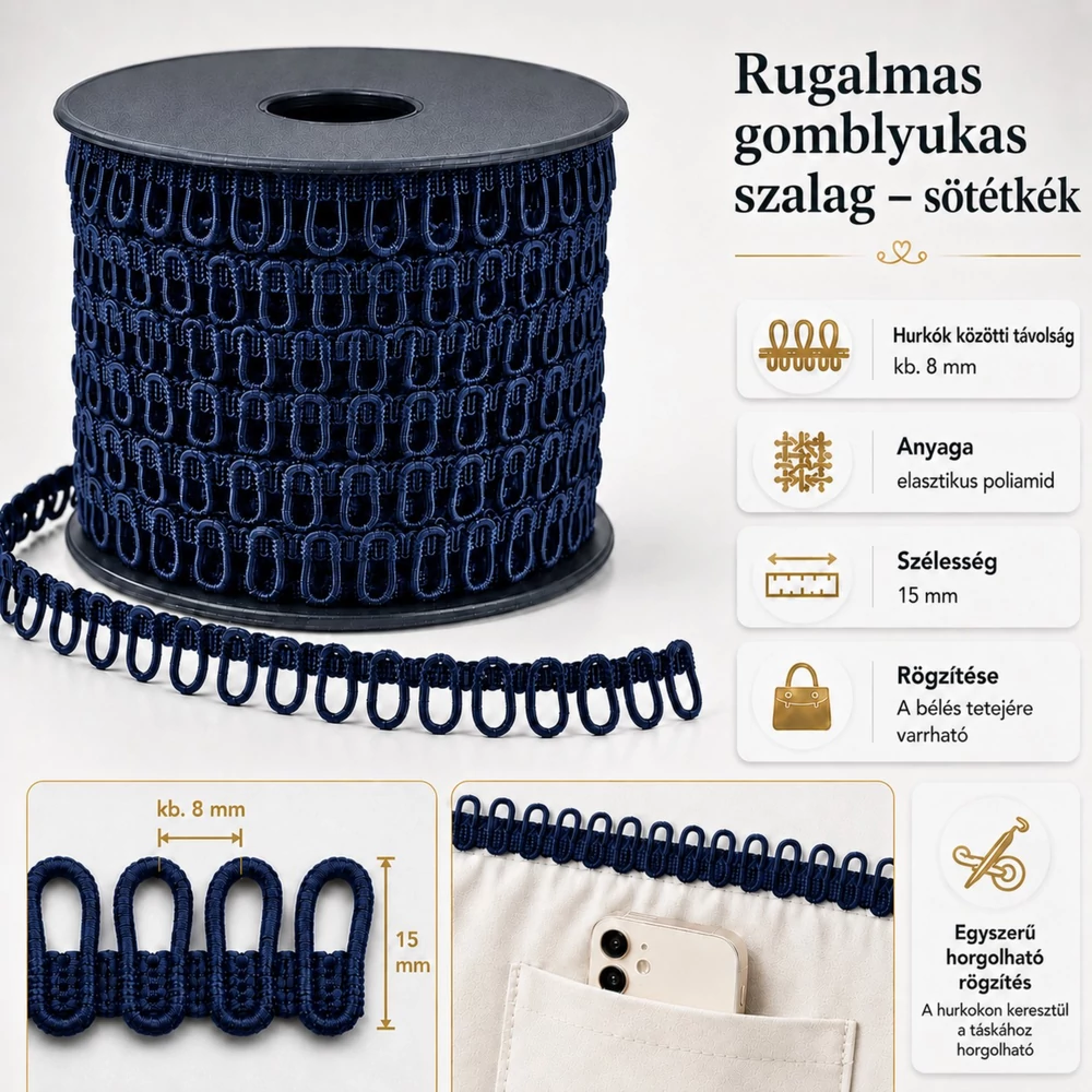 Rugalmas gomblyukas szalag - sötétkék -