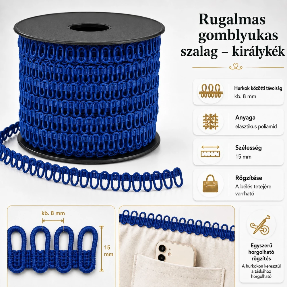 Rugalmas gomblyukas szalag - királykék -