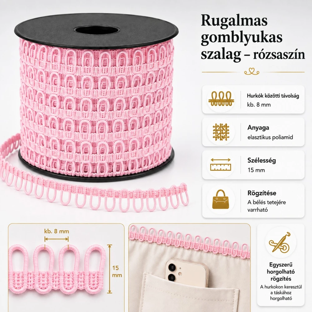 Rugalmas gomblyukas szalag - babarózsaszín -