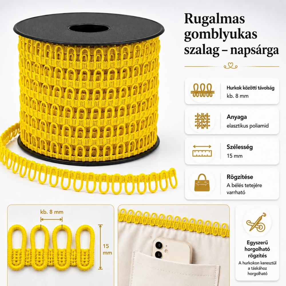 Rugalmas gomblyukas szalag - Napsárga -