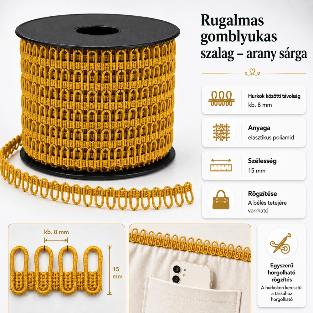 Rugalmas gomblyukas szalag - mustár -