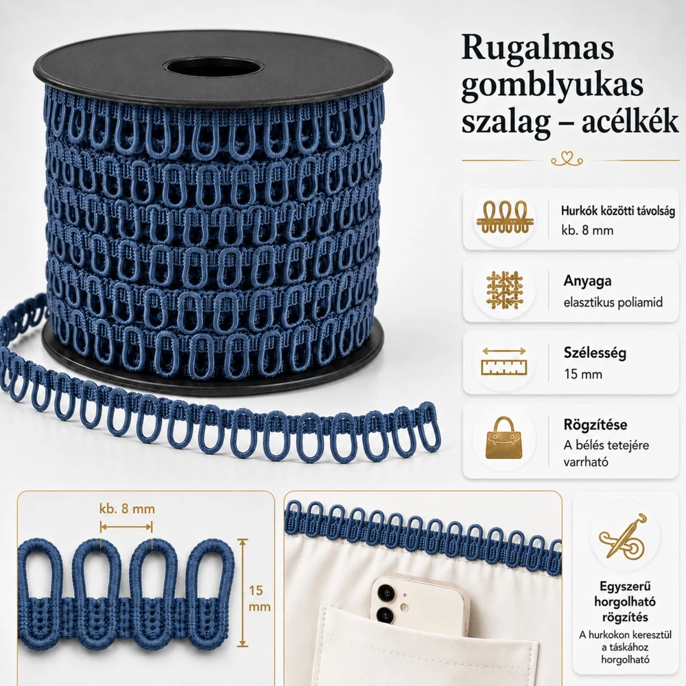Rugalmas gomblyukas szalag -acélkék -