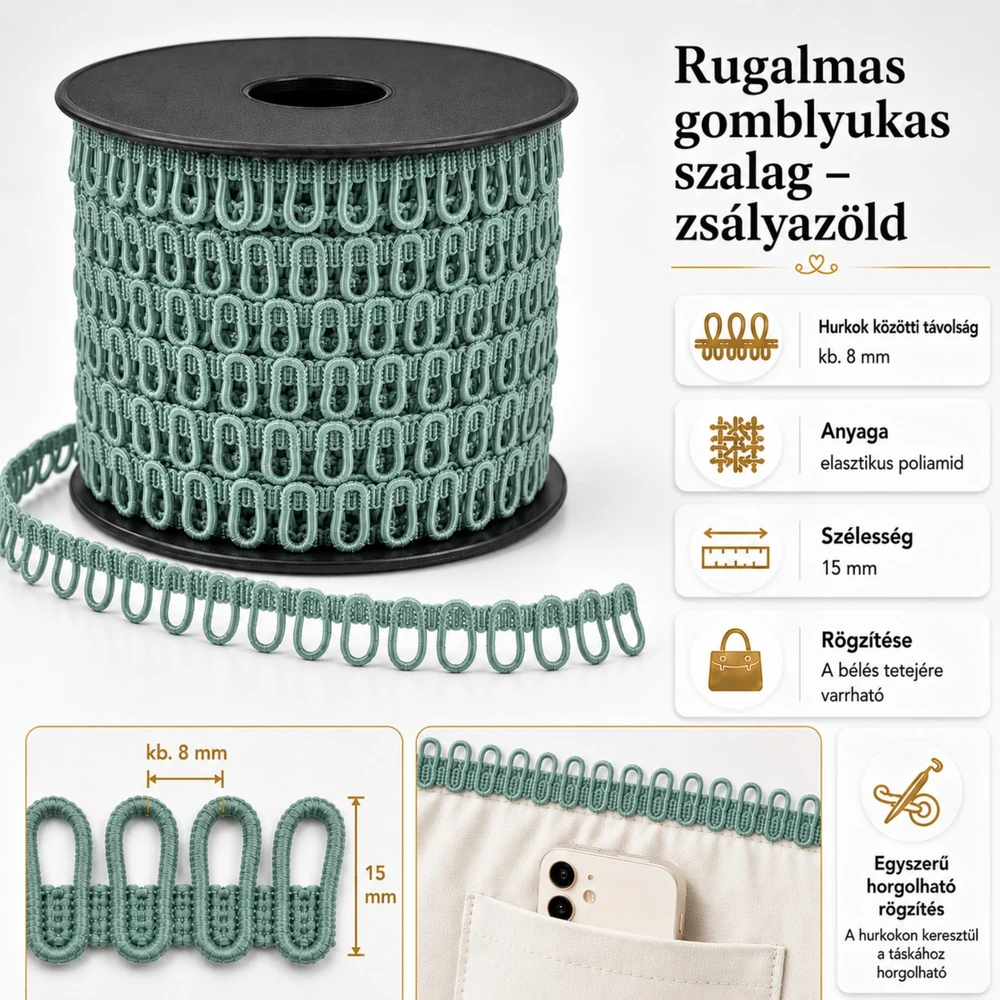 Rugalmas gomblyukas szalag - zsályazöld -