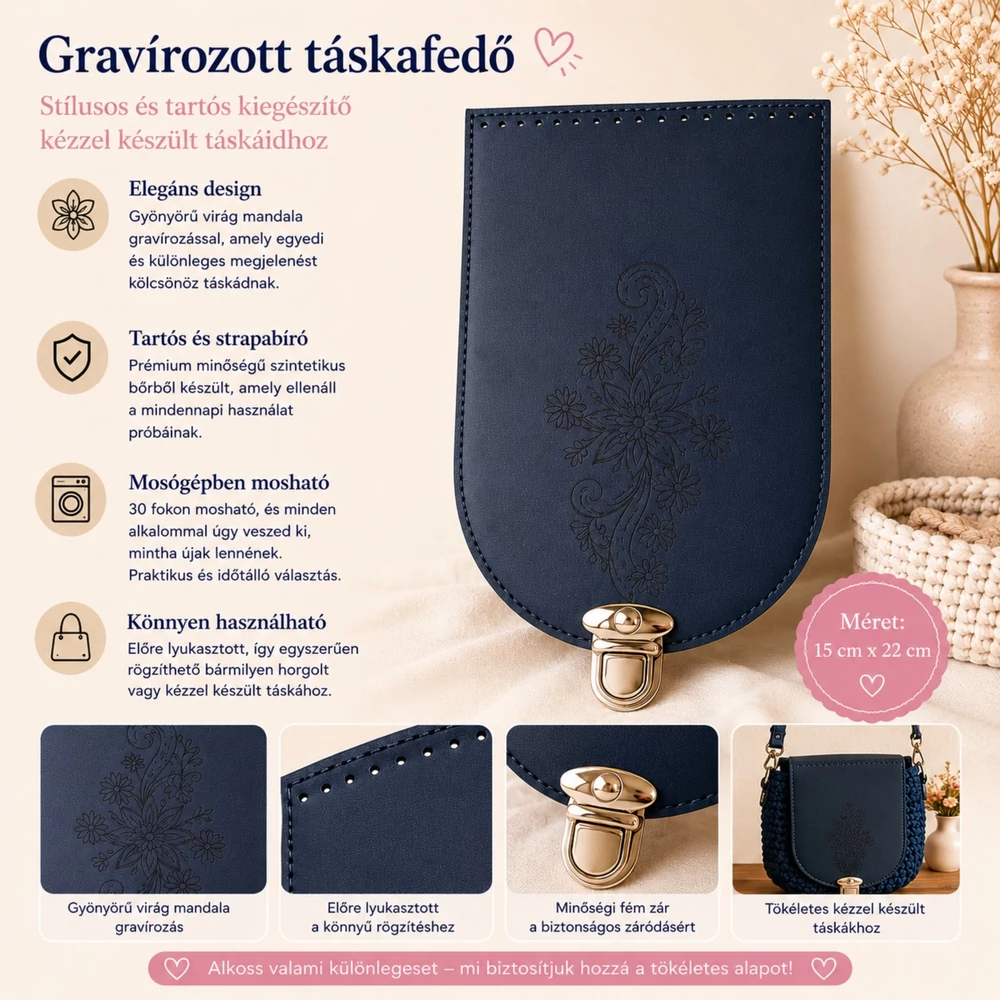 Gravírozott táskafedő Sötétkék - Virág mandala - 15 x 22